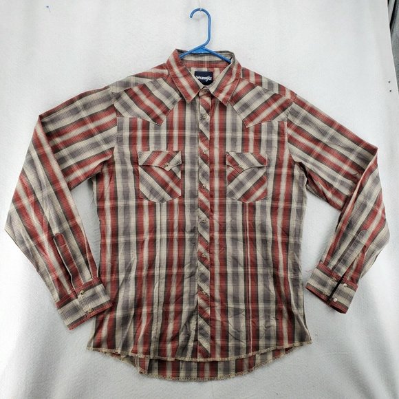 Wrangler Shirt Men's Long Sleeve Pearl Snap Up Plaid Spread Collar Brown XL - Picture 3 of 11
